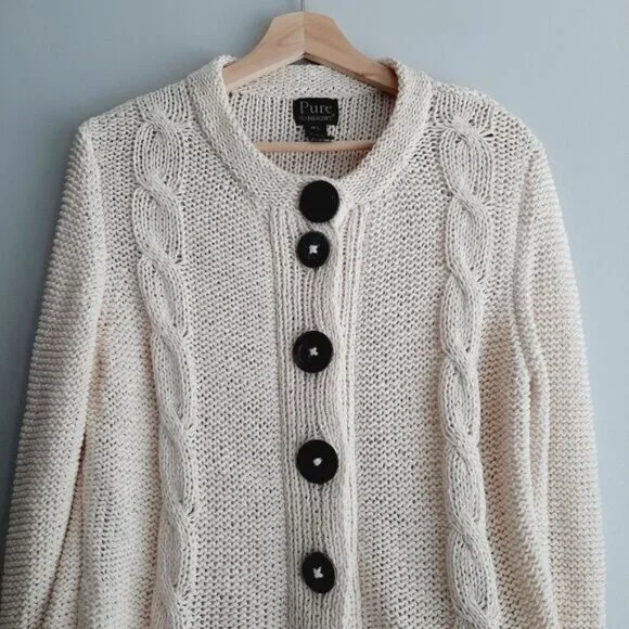 PURE HANDKNIT Chunky Knit Cardigan Sweater Cable Ivory Sz M /L - Picture 2 of 10